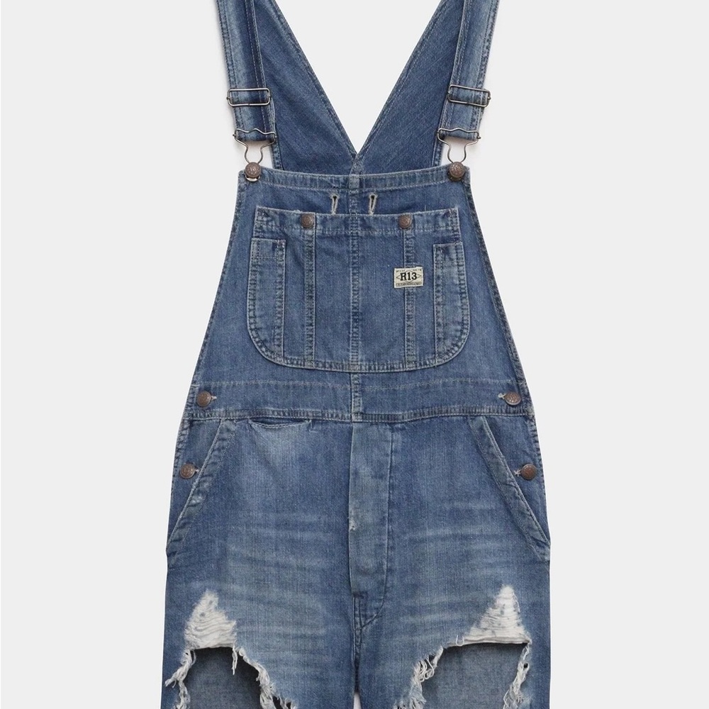 R13 Blue Distressed Denim Overall Shorts